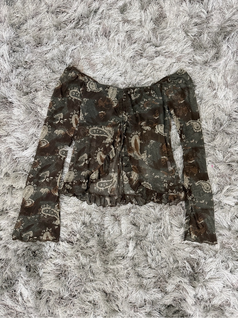 Paisley Ruffle Off-Shoulder Blouse in Olive